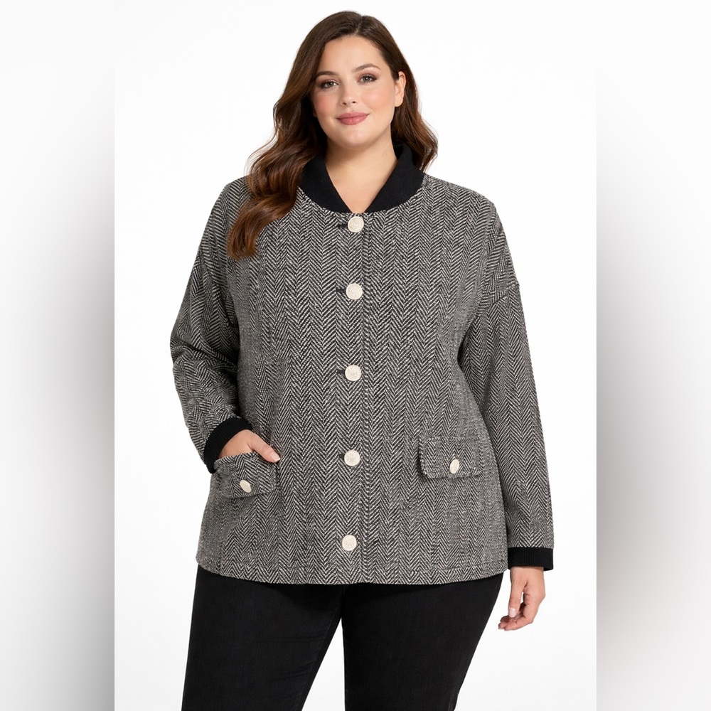 NWT Bagatelle‎ Collection Bomber Jacket Womens 3X Black & White Herringbone